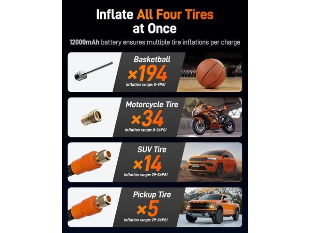 WOLFBOX Cordless Tire Inflator - 150 PSI Digital Air Compressor, 12000mAh 58LPM Fast Air Pump Rechargeable Battery, Emergency LED Light for Cars,...