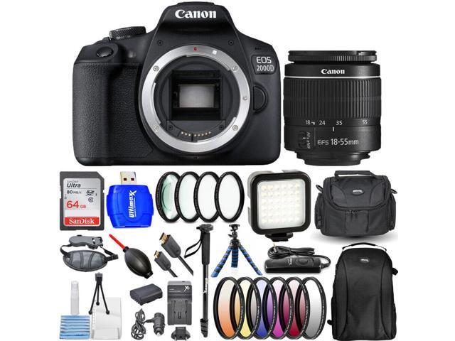 Canon EOS 2000D / Rebel T7 with 18-55mm III Lens 64GB Extra Battery Flash Bundle
