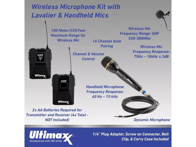 Ultimaxx Wireless Mic Kit Bundle with 4x AA Batteries and Charger + Carry Case