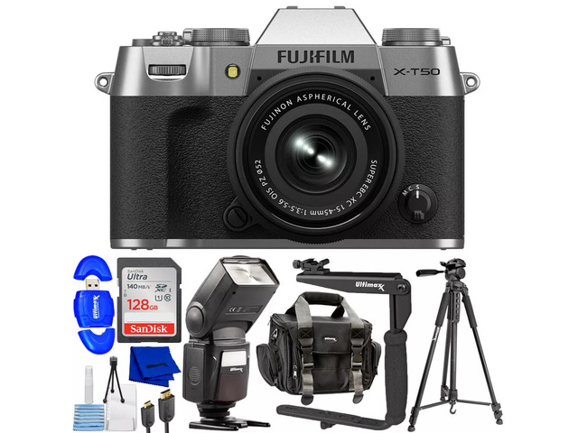 FUJIFILM X-T50 Mirrorless Camera w/ XC 15-45mm f/3.5-5.6 Lens (Silver) 10PC Kit