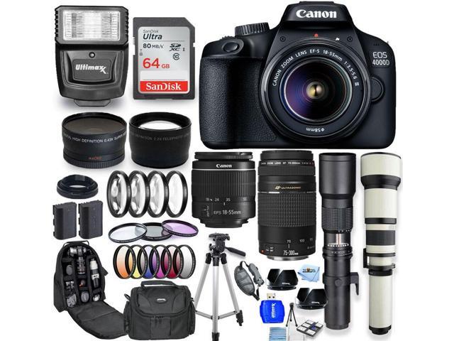 Canon EOS 4000D / Rebel T100 18-55mm + 75-300mm + 500mm + 650-1300mm 64GB Bundle