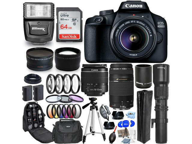 Canon EOS 4000D / Rebel T100 18-55mm + 75-300mm + 500mm 30 Piece Accessory Kit