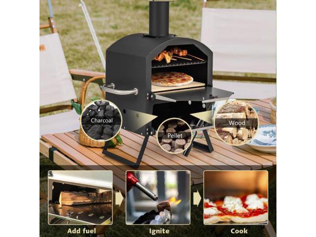 Outdoor Pizza Oven with Anti-scalding Handles and Foldable Legs-Black