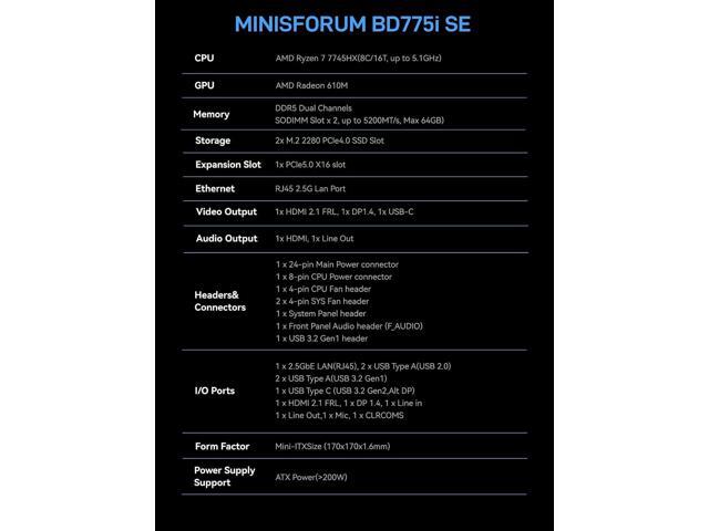 MINISFORUM BD775i SE Mini PC Motherboard AMD Ryzen 7 7745HX Gaming Computer Without RAM/SSD/OS, 2X DDR5 SODIMM Slots, 2X PCIe4.0 SSD, M.2 2230 Key...