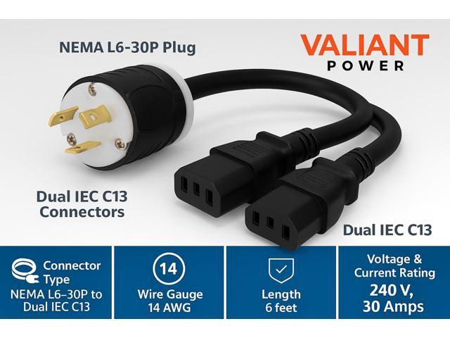 Valiant Power 240V 30A Power Cord L6-30P to Dual C13 6ft, 12AWG Y Splitter Heavy-Duty Mining