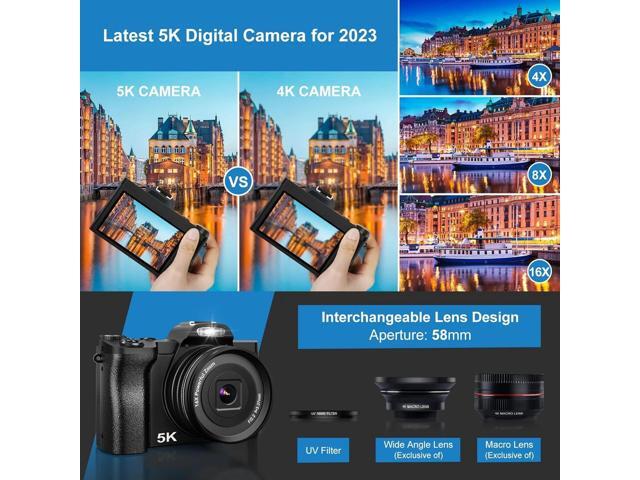 5K Digital Camera Autofocus 16x 48 MP Vlogging Camera for YouTube DSLR Video Cameras With 32G SD Card, Black