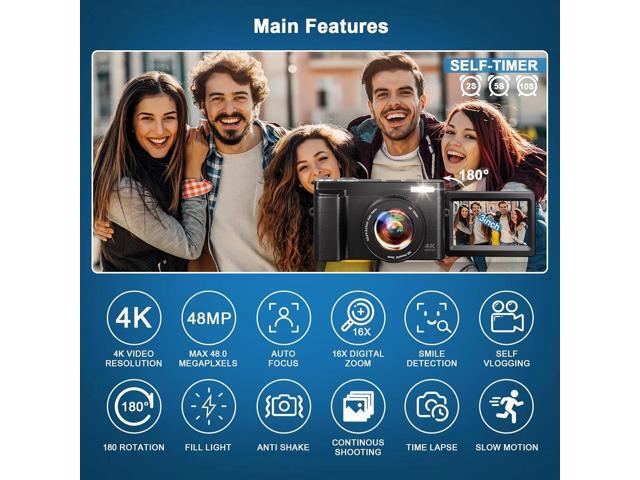 Digital Camera 4K 48MP Vlogging Camera for Youtube Autofocus 16X Digital Zoom Video Cameras with 32GB SD Card