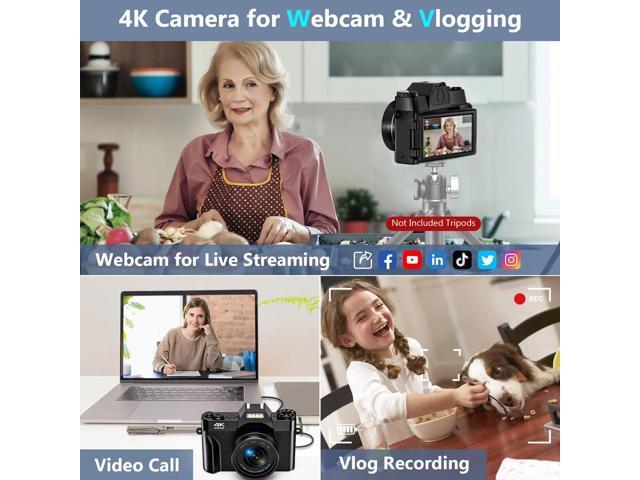 Digital Camera for Youtube 4K Video Camera 56MP Vlogging Camera Camcorder with 32GB SD Card and 2 Batteries