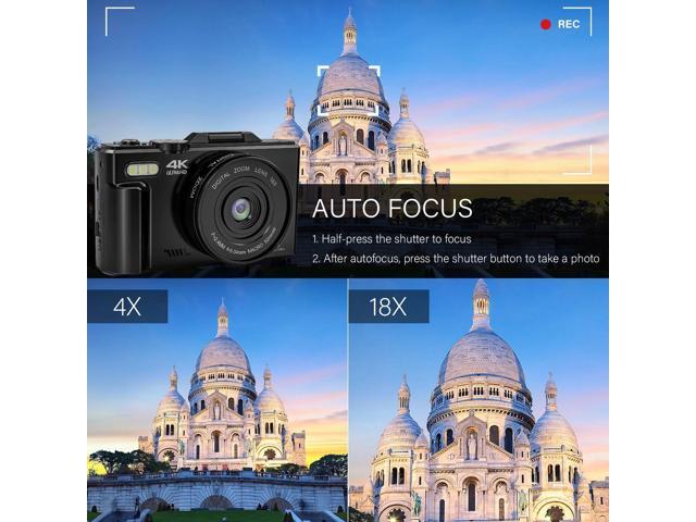 Digital Camera 4K 64MP Vlogging Camera for YouTube Auto-Focus 18X Zoom 3' 180° Flip Screen Compact Video Camera with 32GB Card