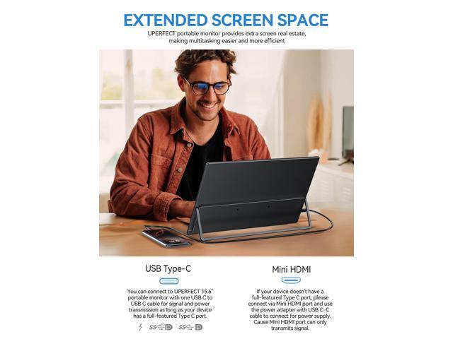 UPERFECT 15.6-Inch Portable Monitor with HDMI, USB-C, USB-A, Full HD 1920x1080, IPS Panel, and Adjustable Stand for Laptops & Smartphones