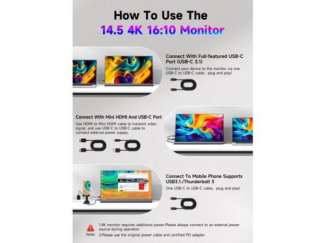 UPERFECT 14.5' 4K UHD Portable Monitor, 600 Nits Brightness, 3840x2400 Matte IPS Screen, 100% sRGB, Smart Cover Included, Compatible with Laptop,...