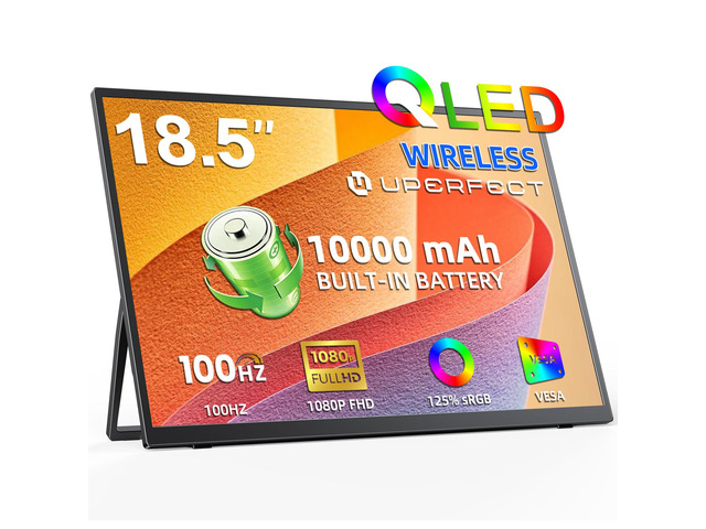 UPERFECT 18.5' Wireless Portable Monitor - 1080P FHD 100Hz QLED, 145% sRGB, Built-in 10000mAh Battery, Wireless Screen Casting & Wired USB-C/HDMI,...
