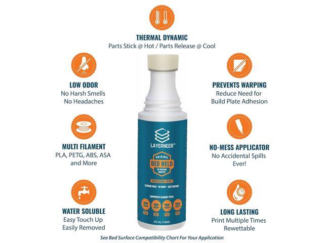 3D Printer Adhesive Glue Bed Weld Original, Strong Grip Reduces Warping for ABS, ASA, PLA, and PETG Filament on Compatible Build Plates, 118ml, 4...