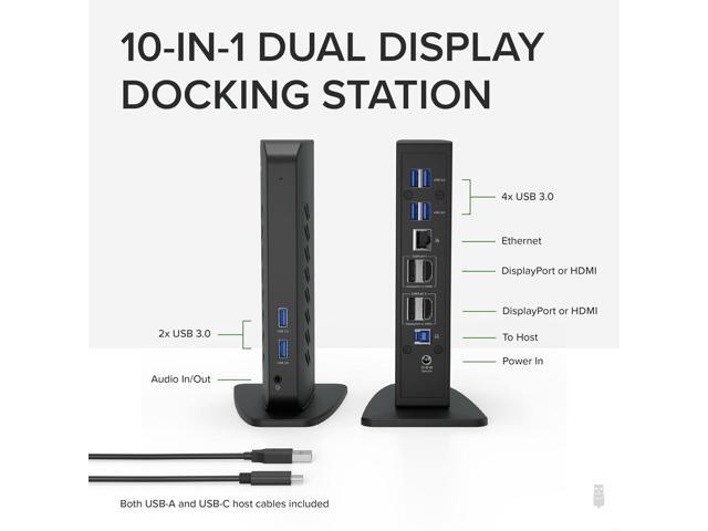 Plugable USB 3.0 and USB-C Dual 4K Display Docking Station with DisplayPort and HDMI for Windows and Mac (Dual 4K DisplayPort & HDMI, Gigabit...