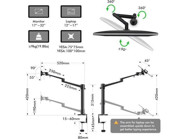 Viozon Monitor and Laptop Mount, 2-in-1 Adjustable Dual Arm Desk Mounts Single Desk Arm Stand/Holder for 17 to 32 Inch LCD Computer Screens, Extra...
