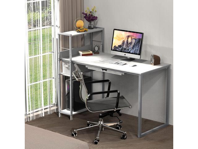 SHW 46-Inch Computer Desk with Adjustable Side Shelf and Drawer, 24' Deep, White