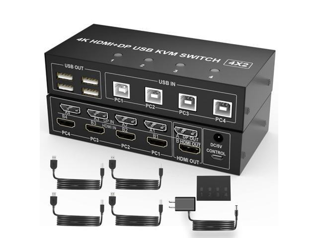 4 Port HDMI + DisplayPort KVM Switch Dual Monitor, UHD 4K@60Hz, KVM Switch 2 Monitors 4 Computers with 4 USB 2.0 Hub, Keyboard Video Mouse.