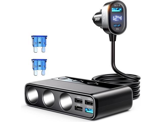 9 in 1 Car Charger Adapter, Joyroom 3 Socket Cigarette Lighter Splitter with PD/QC 3.0 * 2 Charge(3.3FT Cable), 154W 12V/24V Independent Switches. photo