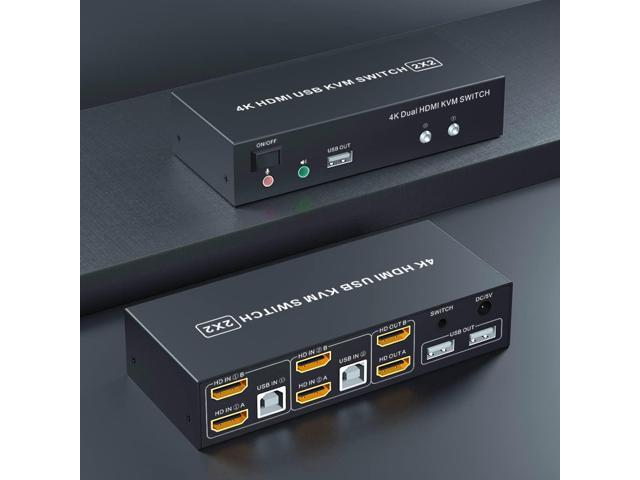 Dual Monitor KVM Switch HDMI 2 Port, 4K@60Hz KVM Switch 2 Monitors 2 Computers with Audio Microphone Output and 3 USB Ports, PC Dual Monitor.
