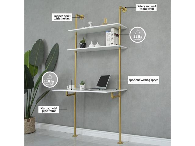 MAIKAILUN White and Gold Desk, 36' Ladder Desk, Wall Mount Computer Writing Table Pipe Shelf Shelving Mini Narrow Industrial Modern for Small...