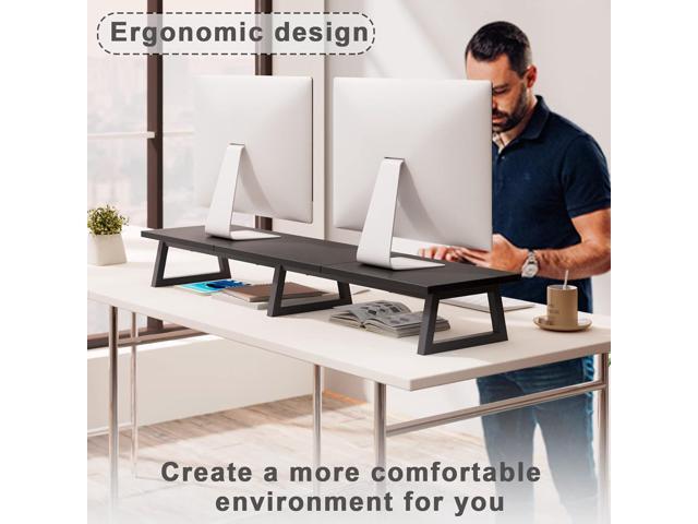 TEAMIX Black 42 inch Dual Monitor Riser,Wood and Steel Long Monitor Stand for 2 Monitors with Storage Large TV Riser Computer Laptop Stand for Desk...