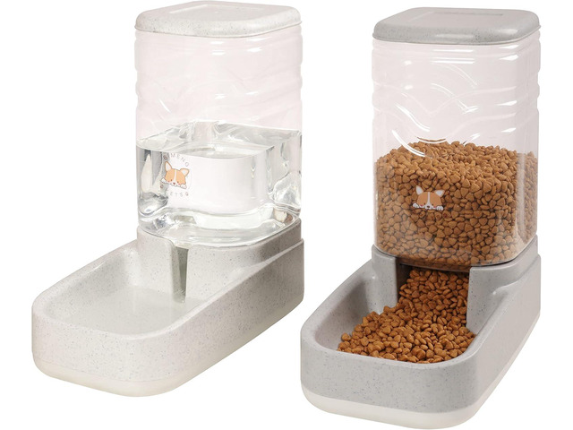 Automatic Dog Cat Gravity Food and Water Dispenser Set with Pet Food Bowl for Small Large Pets Puppy Kitten Rabbit Large Capacity(White & Gray, 3.8L)