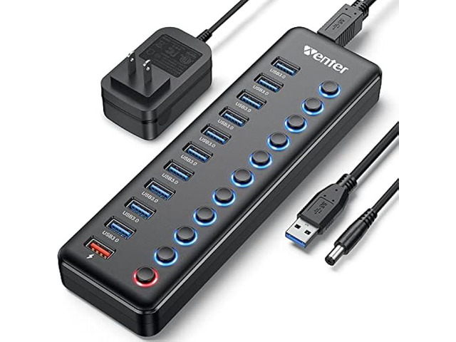 Powered USB Hub, Wenter 11-Port USB Splitter Hub (10 Faster Data Transfer Ports+ 1 Smart Charging Port) with Individual LED On/Off Switches, USB...