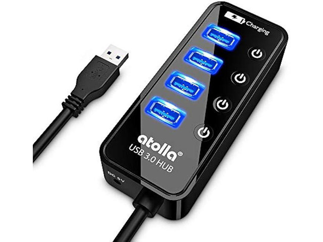 USB 3.0 Hub, atolla 4 Ports Super Speed USB 3 Hub Splitter with On Off Switch with 1 USB Charging Port (Cable Length 2 Feet, No AC Adapter) (4-Port...