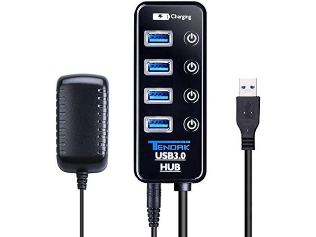 USB 3.0 Hub - Tendak USB Hub with 4 USB 3.0 Data Ports + 1 USB Smart Charging Port and Power Supply Adapter with Individual On/Off Port Switches...