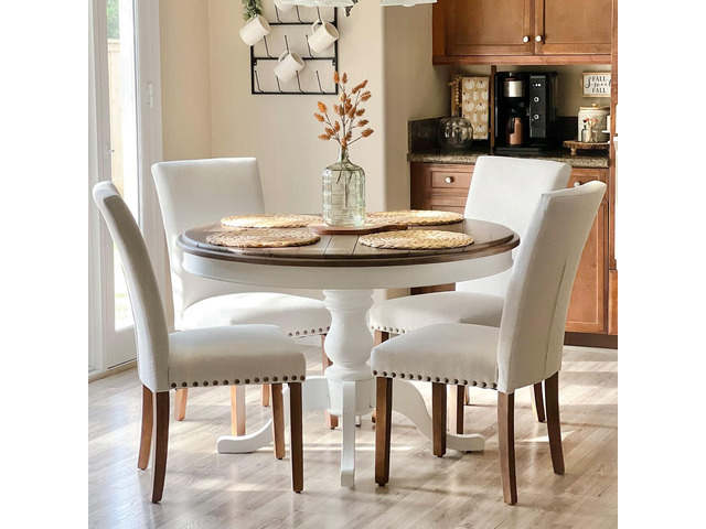 COLAMY Upholstered Parsons Dining Chairs Set of 4, Fabric Dining Room Kitchen Side Chair with Nailhead Trim and Wood Legs - Beige,No Table