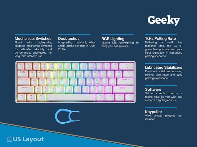 Geeky GK61 SE 60% Mechanical Gaming Keyboard 61 Keys Multi Color RGB LED Backlit for PC/Mac Gamer ANSI US American Layout (White, Mechanical...