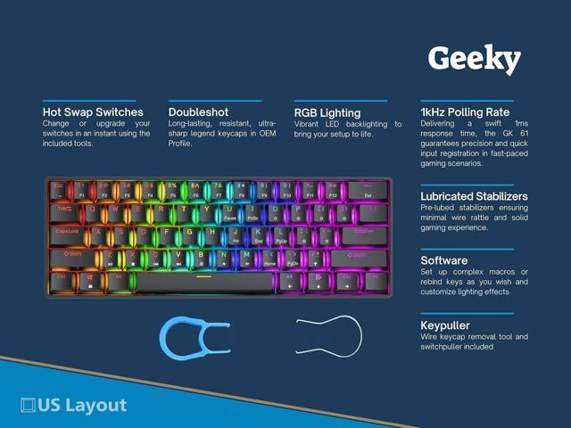 Geeky GK61 60% Hot Swappable Mechanical Gaming Keyboard 61 Keys Multi Color RGB LED Backlit for PC/Mac Gamer ANSI US American Layout (Black,...