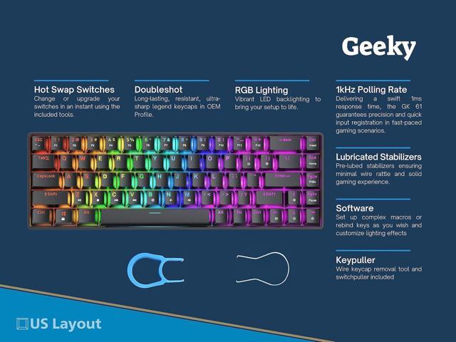 Geeky GK65 65% Hot Swappable Mechanical Gaming Keyboard 68 Keys Multi Color RGB LED Backlit for PC/Mac Gamer ANSI US American Layout (Black,...
