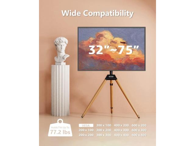 Tripod TV Stand for 32-75 Inch Screen up to 77lbs, Height Adjustable Easel TV Floor Stand with Wood Legs and Cable Ties