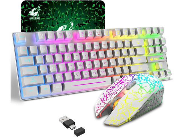Wireless Membrane Gaming Keyboard and Mouse Set with 87Key Tenkeyless-White