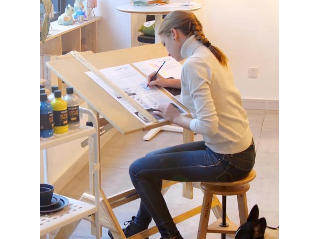 MEEDEN Wood Drafting Table & Stool Set,Artist Stool and Craft Table with Adjustable Height,Tiltable Tabletop for Artwork, Graphic Design, Reading,...