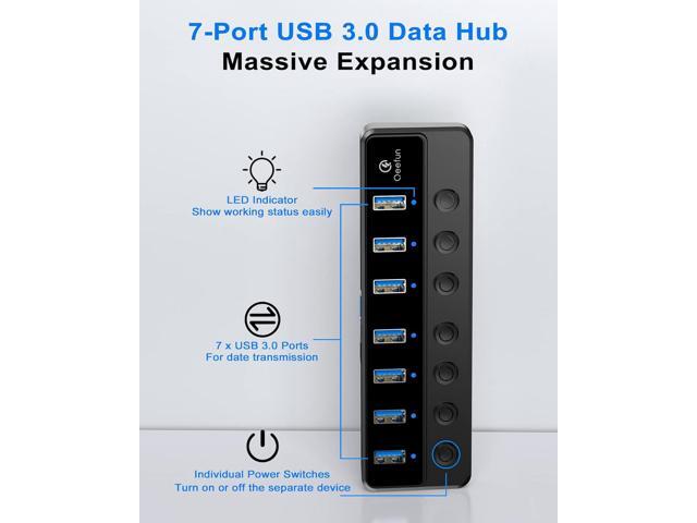 7-Port USB 3.0 Hub, Qeefun 3.0 Powered, USB Adapter USB Extender USB Port Expander USB hub for Laptop, PC, USB Flash Drives, and More