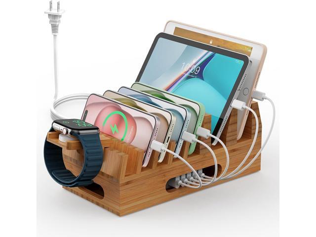Pezin & Hulin Bamboo Charging Station Holder with 5 Port USB Charger, 5 x Charge Cables, Watch Stand, Wood Docking Stand Electronic Organizer for...