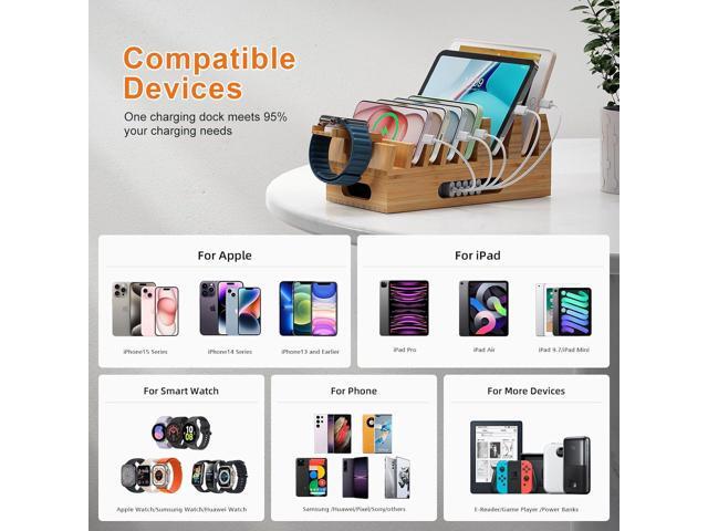 Pezin & Hulin Bamboo Charging Station Holder with 5 Port USB Charger, 5 x Charge Cables, Watch Stand, Wood Docking Stand Electronic Organizer for...