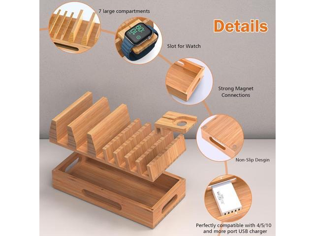 Pezin & Hulin Bamboo Charging Station Holder with 5 Port USB Charger, 5 x Charge Cables, Watch Stand, Wood Docking Stand Electronic Organizer for...