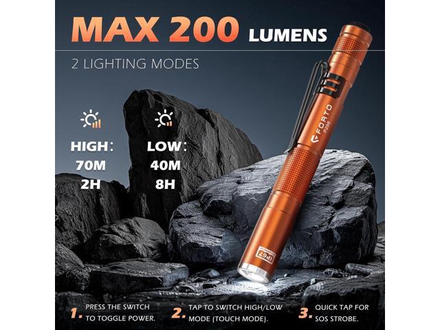 FORTO LED Pen Light, 200 Lumens Pocket Flashlight, IP67 Waterproof, 2 Modes, 2 Pack with AAA Batteries, Lightweight & Durable for Inspection,...