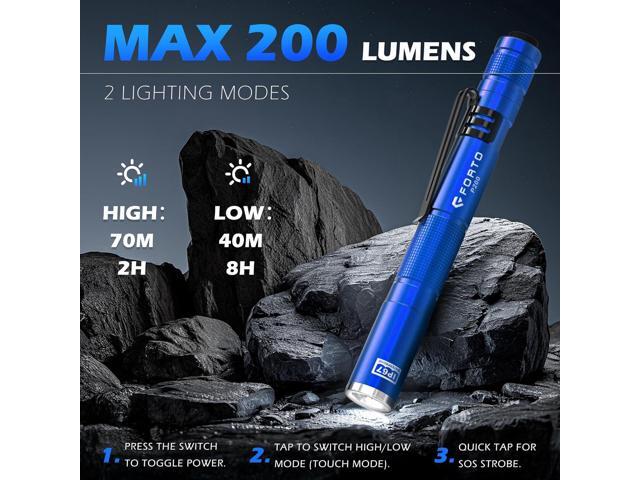 FORTO LED Pen Light, 200 Lumens Pocket Flashlight, IP67 Waterproof, 2 Modes, 2 Pack with AAA Batteries, Lightweight & Durable for Inspection,...