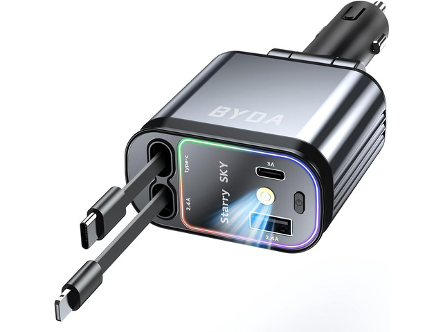 4 in 1 Retractable Car Charger for iPhone,69W USB-C Fast Car Charger with Starry Light, for Car Charger Adapter...
