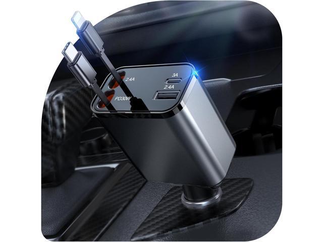 69W Retractable Car Charger, 4-in-1 Fast Car Phone Charger with 2.6ft Two Retractable Cables and USB C+USB A Car Charging Block Cube, Compatible...