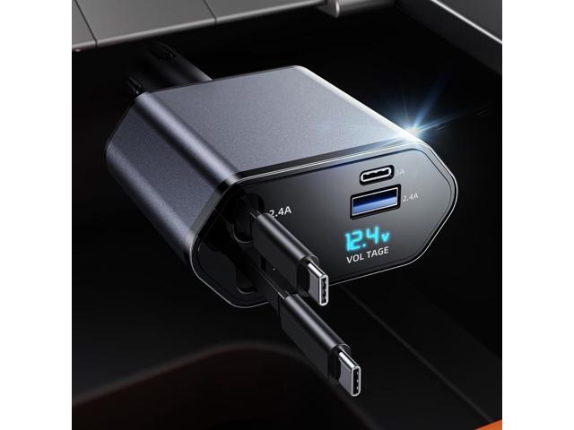 Retractable Car Charger, 4 in 1 Fast Car Phone Charger, Double Type C Retractable Cables and 2 USB Ports Car Charger Adapter Compatible with iPhone...