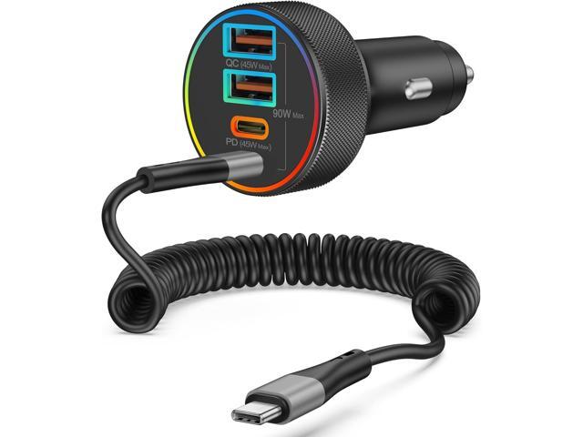 90W 4-Port Super Fast USB C Car Charger and 6FT Coiled Cable for iPhone 16/16e/15 Pro Max/Plus, Samsung Galaxy S25/S24, Pixel, Android, USBC Car...