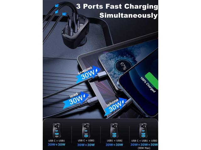 4 in 1 USB C Car Charger Adapter, 210W Multi USB Cigarette Lighter Adapter, Socket Splitter with 3 Ports, 12V/24V Outlet Dual Type C PD Fast Car...