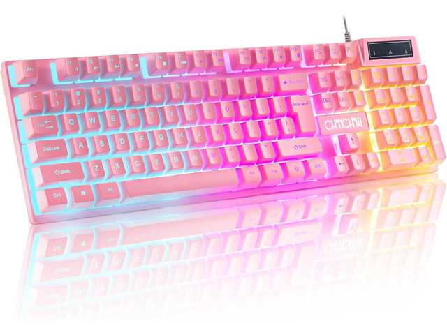 Pink Creamy Keyboard with LED Backlit, 104 Keys Full Size, Anti-Ghosting, Multimedia Function Keys, 3 Colors Light Up, USB Wired Gaming Keyboard...