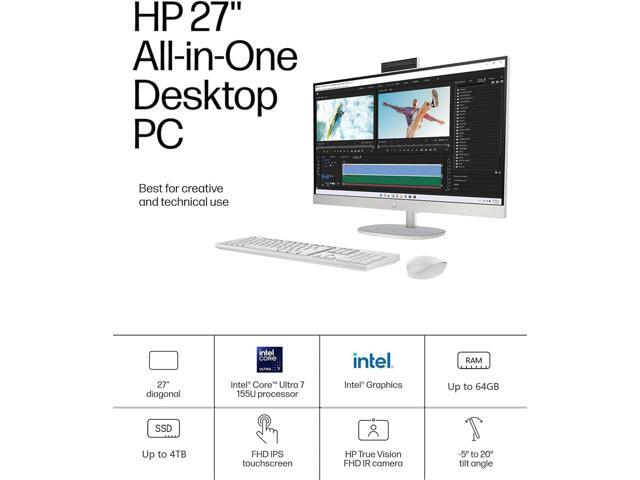 HP 27-inch All-in-One Desktop PC - 32GB RAM 1TB SSD Intel Core Ultra 7-155U FHD Touchscreen Display Windows 11 Pro Business AIO for Everyday Use