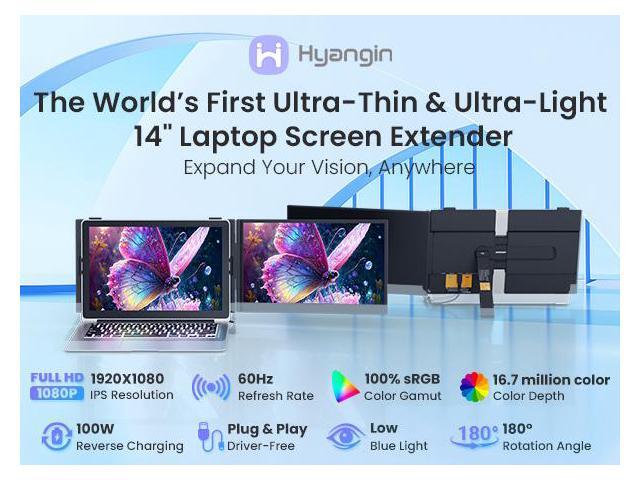 Hyangin S8 14' Portable FHD IPS Dual Monitor, 1080P 60Hz, USB-C Full-Function & DP, 100W PD Reverse Charge, Compatible with Laptop, Desktop,...